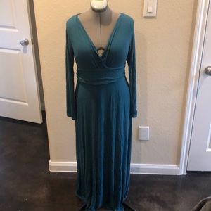 Teal long sleeve maxi dress with low neckline